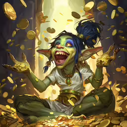 a very cute painting of a girl in front of gold coins,a painting of an elf with money