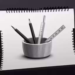 the pencils are in a cup beside the rulers