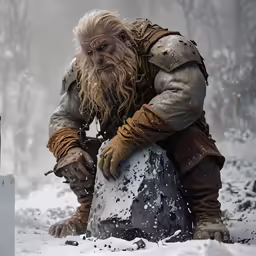 a man with big horns, holding onto a rock while standing in the snow