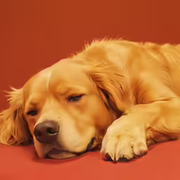 a golden retriever sleeping on top of a red floor