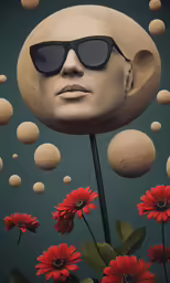 a painting of a face with sunglasses on, surrounded by red flowers and bubbles