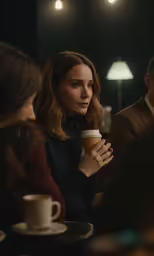 a woman sitting at a table with a cup of coffee