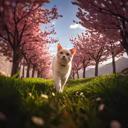 the cat is walking along the grass among the trees