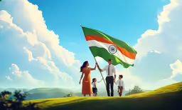 man and woman with flag of india crossing field holding