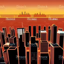 a view of a city and water royalty photo,an abstract illustration of city skyline with sun and bridge in background