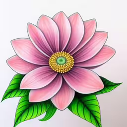 a pink flower with green leaves on a white background