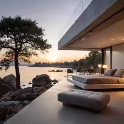 a couch and bed on a cement floor