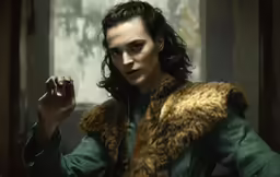 a woman holding a cigarette, dressed in green