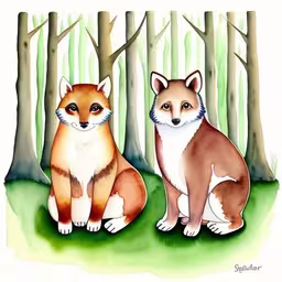 two foxes are standing in the woods together,two fox foxes in the forest one is red and one is white,a painting of two foxes in a forest,two foxes, one with dark eyes sitting in the woods,two foxes in a woods, one is red