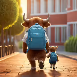 a cow is being held back by a young child wearing a backpack