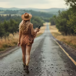 the woman is walking down the street with her cell phone