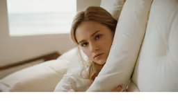 a beautiful woman laying in bed under pillows