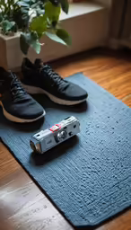 a camera and a pair of tennis shoes on a mat next to a potted plant