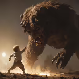 the small boy is playing in front of a large animal
