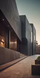 some stairs are lined up and next to an outside building