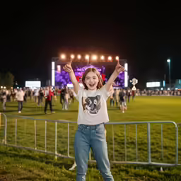 a little girl at night with her arms up