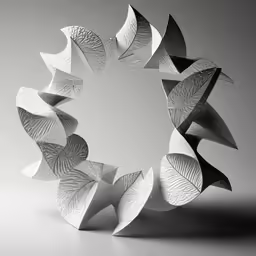 a sculpture made from leaves, with a black and white background