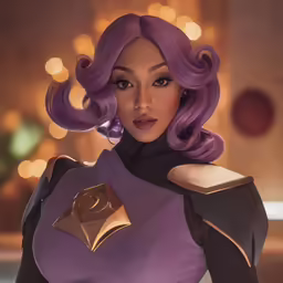 a woman with long hair and purple wig
