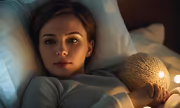 a woman lies in bed under white blankets with a lit ball