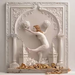 a ceramic artwork of a woman holding white flowers