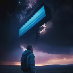 a man looking at a screen with the sky and stars in the background