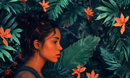 the woman is standing near flowers and greenery