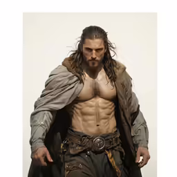 a man wearing an unbuttoned robe, with a long hair and beard, in
