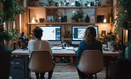 a couple of women sitting at computer desk next to each other