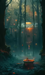 a light in the dark forest next to a house