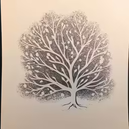 a gray and white tree sitting on top of a wooden table
