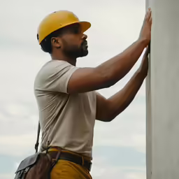 a man standing next to a wall wearing a yellow hard hat