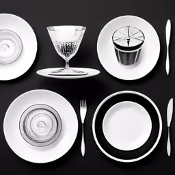 a black and white dinner table set up with dishes