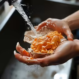 someone is pouring a handful of food from a sink