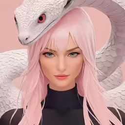 an image of a woman with pink hair and a snake