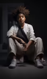 a black woman in white sitting down