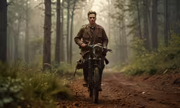 a man rides his motorcycle down the dirt road,a man on a dirt bike riding down a path through a forest