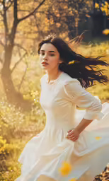 a woman in a dress stands next to trees