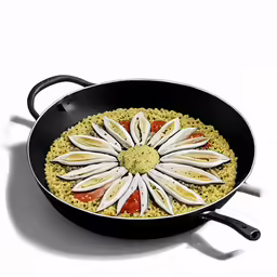 a black pan with some food in it