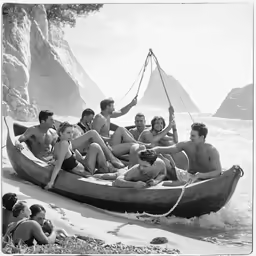 people sitting in a canoe and others holding onto the string