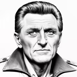 black and white drawing of a man in military uniform