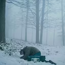 a person laying in the snow next to trees
