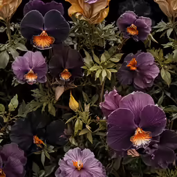 colorful flowers on a black background with green leaves