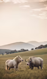 two white buffalo standing on top of a lush green field