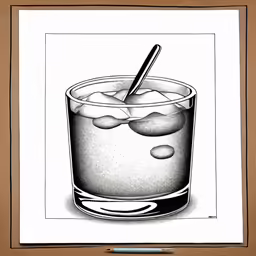 the drawing shows a drink with ice in it and an empty spoon in the glass