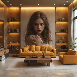 a woman stands behind two yellow couches