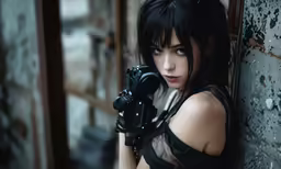 a woman posing while holding onto a camera