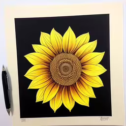 sunflower on black with white border by the bottom,an artistic piece that looks like a sunflower