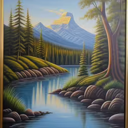 a painting of a mountain river with some trees,a painting of a mountain view over a river
