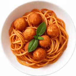 pasta with meatballs and a green leaf in white bowl