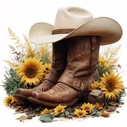 a hat and boots with sunflowers surrounding it